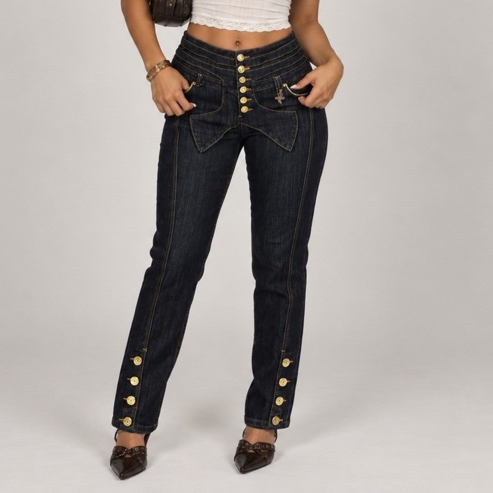 Apple Bottoms Vintage Y2K High Waist Skinny Jeans 18 Dark Wash Gold Buttons
